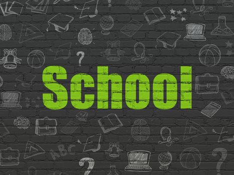 Studying concept: Painted green text School on Black Brick wall background with  Hand Drawn Education Icons