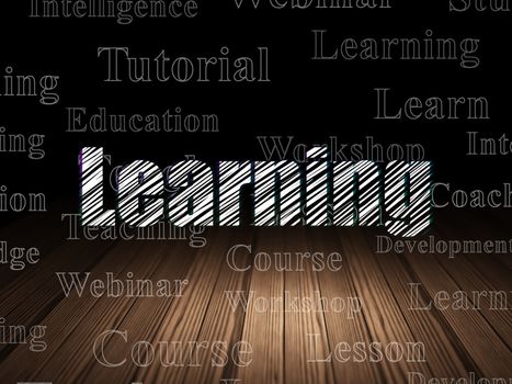Education concept: Glowing text Learning in grunge dark room with Wooden Floor, black background with  Tag Cloud