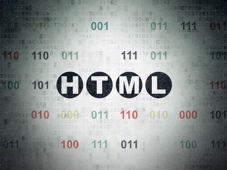 Programming concept: Painted black text Html on Digital Data Paper background with Binary Code