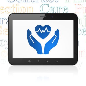 Insurance concept: Tablet Computer with  blue Heart And Palm icon on display,  Tag Cloud background, 3D rendering