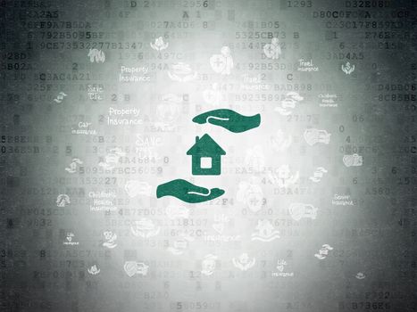 Insurance concept: Painted green House And Palm icon on Digital Data Paper background with  Hand Drawn Insurance Icons