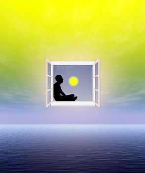 Concept of a meditative person contemplating and relaxing in his spiritual world

