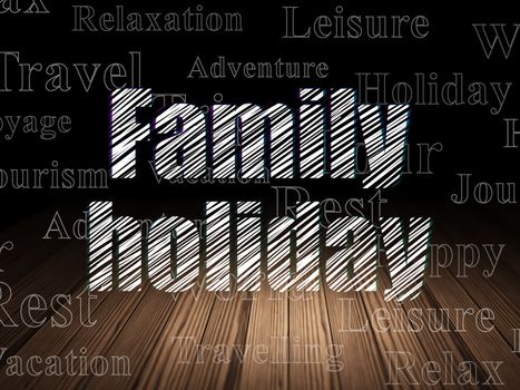 Vacation concept: Glowing text Family Holiday in grunge dark room with Wooden Floor, black background with  Tag Cloud