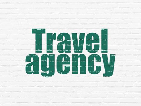 Travel concept: Painted green text Travel Agency on White Brick wall background