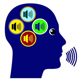 Concept sign for paranoid schizophrenia with person communicating with different voices in his head