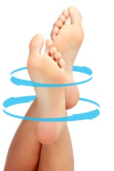 Female bare feet with blue arrows rotating around them, isolated on white background. Skincare concept