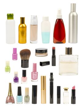 Set for makeup on white background. Many different bottles