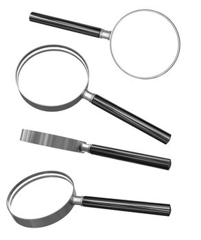 Set of magnifiers with transparent glasses. Isolated on white. 3d illustration