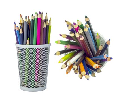 Set of color pencils in metal grid container, isolated on white background