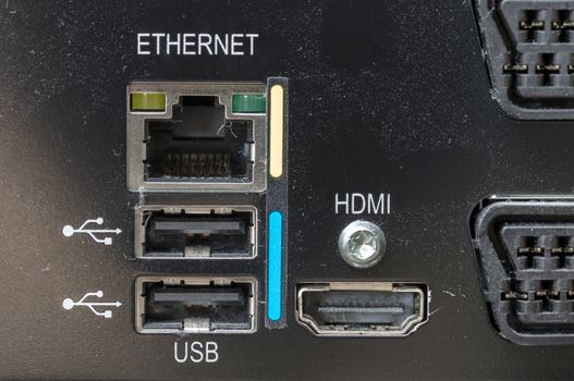 Closeup of a dirty digital multimedia box - Hdmi, scart, usb and ethernet connection