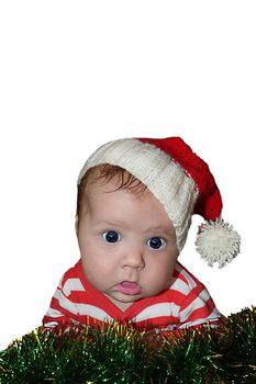 Cute Santa baby with dumbfounded face dressed in red sanata hat and stripped red jacket  isolated on white background. Can be used for design of banners, flyers, calendars, invitations  as clip art.