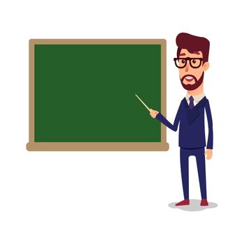 The teacher in the classroom near the blackboard is teaching a lesson. A young professor at the university is giving a lecture. A man with a beard with a pointer teaches