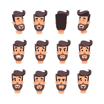 Man s head with different emotions. Cartoon male faces character set. Facial emotions for game or animation. Back, front, side head. Avatar of a young men with different expressions face
