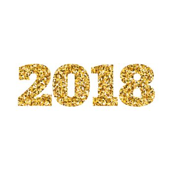 Happy new 2018 year. Gold glitter particles. Shine gloss brilliance sparkles sign. Holidays design element for calendar, party invitation, card, poster, banner, web.
