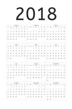Vertical calendar 2018 year simple style. Week starts from sunday.