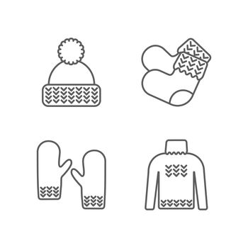 Winter warm knitted clothes icon set. Hat, mittens, socks, sweater hand-knitted garments. Yarn, knitting clothes, knitted samples thin line sign. Knit thin line pictograms.