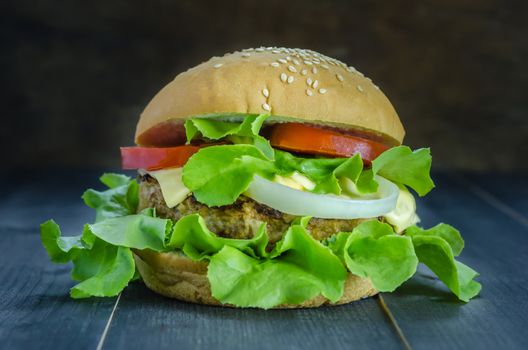 Closeup of home made burgers on wooden background