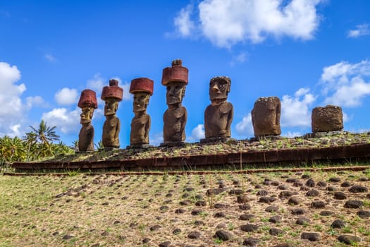 Moais statues site ahu Nao Nao on anakena beach, easter island, Chile