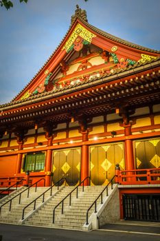 Senso-ji Kannon temple Hondo at sunset, Tokyo, Japan