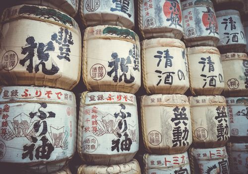 Traditional Kazaridaru barrels in Heian Jingu Shrine, Kyoto, Japan