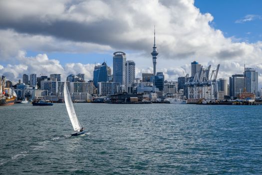 Auckland city center view from the sea and sailing ship, New Zealand