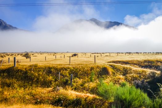 Mountain fields landscape in New Zealand alps