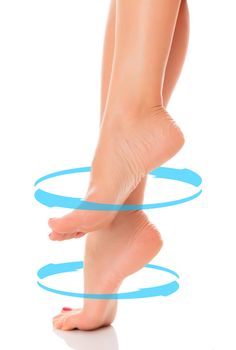 Female bare feet with blue arrows rotating around them, isolated on white background. Skincare concept