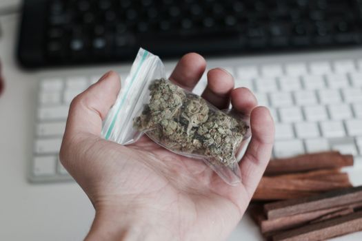 Green dry marijuana in man hand on the blurry background. Weed concept.