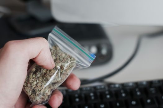 Green dry marijuana in man hand on the blurry background. Weed concept.