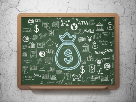 Banking concept: Chalk Blue Money Bag icon on School board background with  Hand Drawn Finance Icons, 3D Rendering