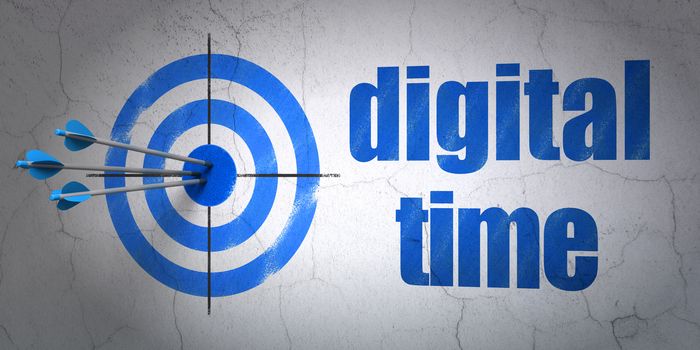 Success timeline concept: arrows hitting the center of target, Blue Digital Time on wall background, 3D rendering