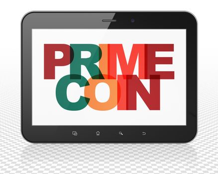 Blockchain concept: Tablet Pc Computer with Painted multicolor text Primecoin on display, 3D rendering