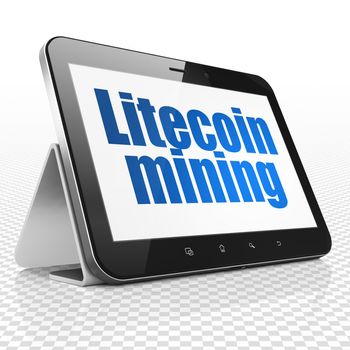 Cryptocurrency concept: Tablet Computer with blue text Litecoin Mining on display, 3D rendering