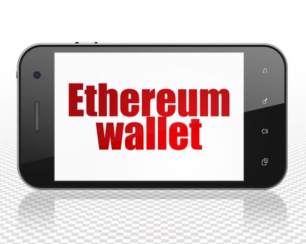 Cryptocurrency concept: Smartphone with red text Ethereum Wallet on display, 3D rendering