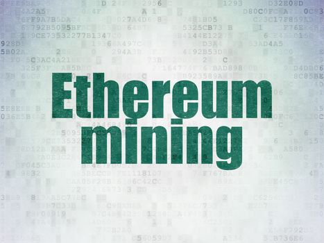 Blockchain concept: Painted green word Ethereum Mining on Digital Data Paper background