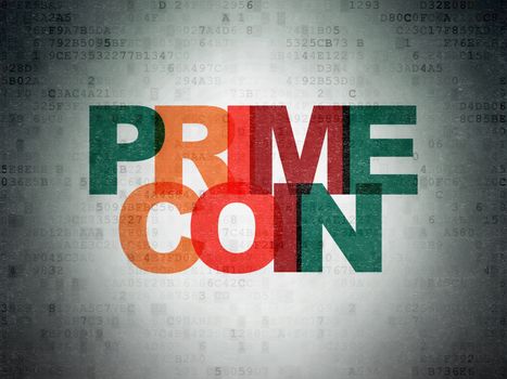 Blockchain concept: Painted multicolor text Primecoin on Digital Data Paper background
