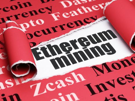 Blockchain concept: black text Ethereum Mining under the curled piece of Red torn paper with  Tag Cloud, 3D rendering