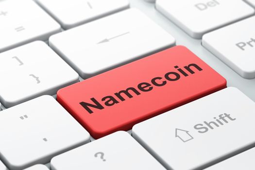 Blockchain concept: computer keyboard with word Namecoin, selected focus on enter button background, 3D rendering