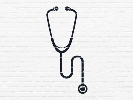 Healthcare concept: Painted black Stethoscope icon on White Brick wall background
