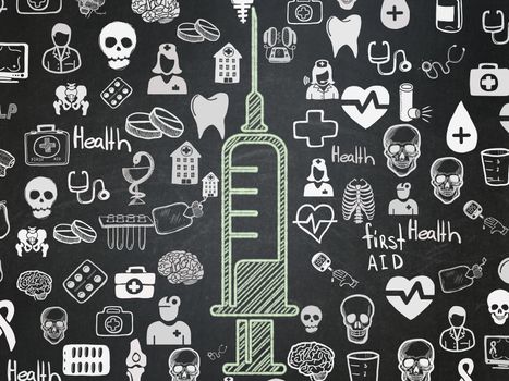 Health concept: Chalk Green Syringe icon on School board background with  Hand Drawn Medicine Icons, School Board