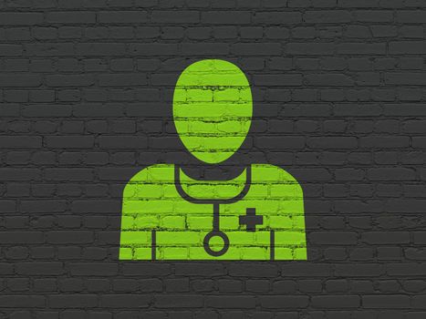 Healthcare concept: Painted green Doctor icon on Black Brick wall background