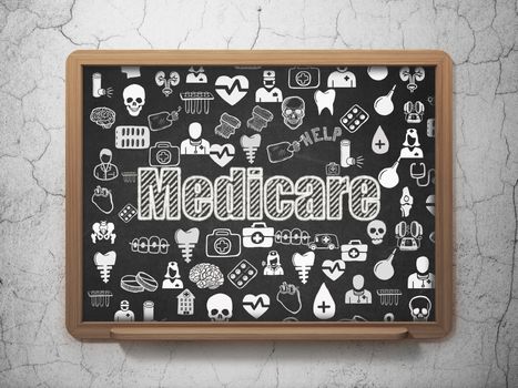Health concept: Chalk White text Medicare on School board background with  Hand Drawn Medicine Icons, 3D Rendering