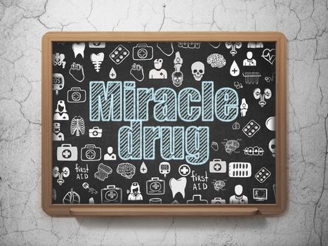 Health concept: Chalk Blue text Miracle Drug on School board background with  Hand Drawn Medicine Icons, 3D Rendering