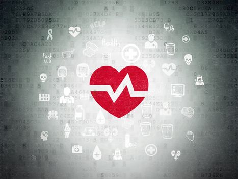 Healthcare concept: Painted red Heart icon on Digital Data Paper background with  Hand Drawn Medicine Icons