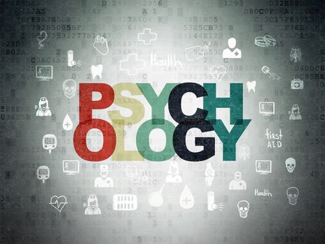 Medicine concept: Painted multicolor text Psychology on Digital Data Paper background with  Hand Drawn Medicine Icons