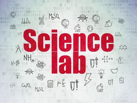 Science concept: Painted red text Science Lab on Digital Data Paper background with  Hand Drawn Science Icons