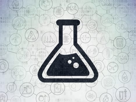 Science concept: Painted black Flask icon on Digital Data Paper background with Scheme Of Hand Drawn Science Icons