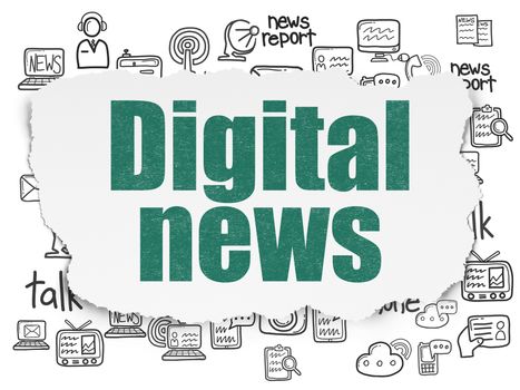 News concept: Painted green text Digital News on Torn Paper background with  Hand Drawn News Icons