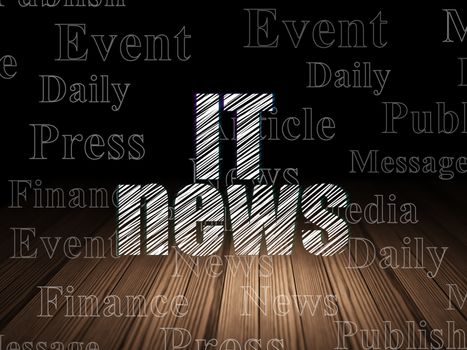 News concept: Glowing text IT News in grunge dark room with Wooden Floor, black background with  Tag Cloud