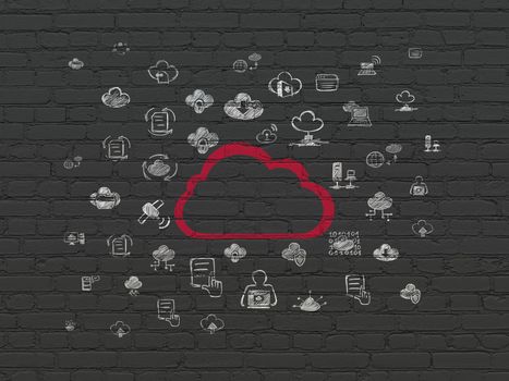 Cloud technology concept: Painted red Cloud icon on Black Brick wall background with  Hand Drawn Cloud Technology Icons